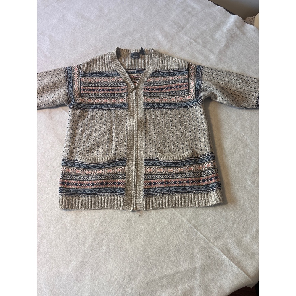 liz wear Vintage Fair Isle Full Zip Cardigan Sweater Beige Blue Pink Womens S